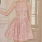 Ornate Spaghetti Straps A-Line Homecoming Dress Pink Sequins Bow Party Dress C9119