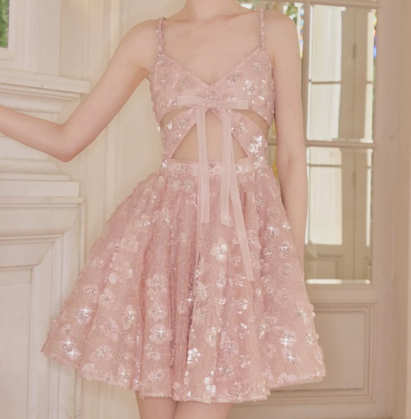 Ornate Spaghetti Straps A-Line Homecoming Dress Pink Sequins Bow Party Dress C9119