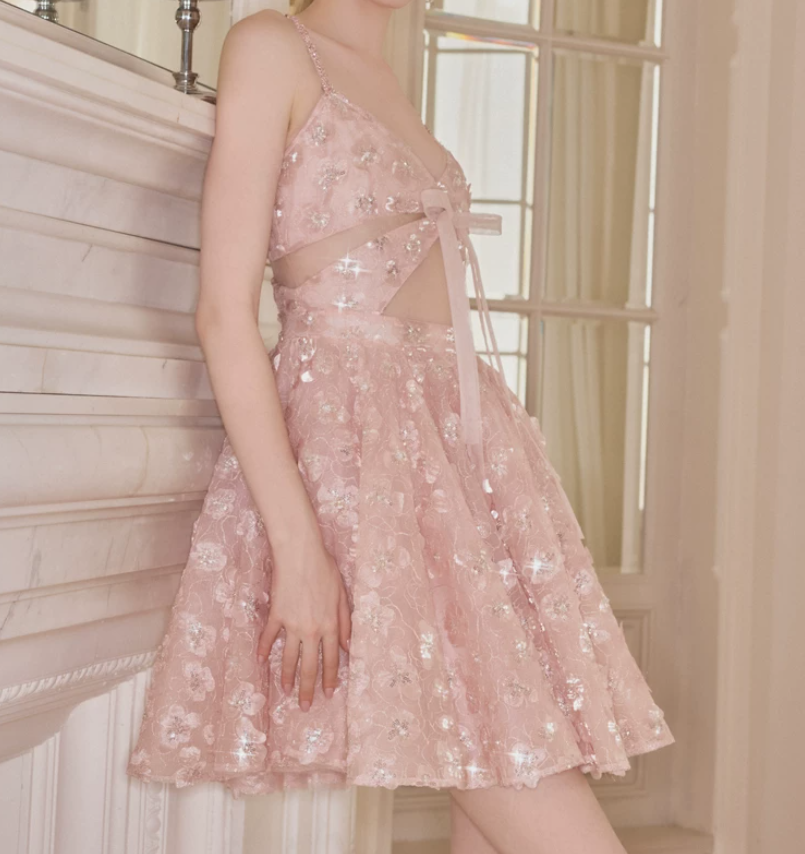 Ornate Spaghetti Straps A-Line Homecoming Dress Pink Sequins Bow Party Dress C9119