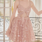 Ornate Spaghetti Straps A-Line Homecoming Dress Pink Sequins Bow Party Dress C9119