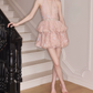 Sparkly Halter Neck A-Line Beaded Homecoming Dress Pink Sequins Tiered Party Dress C9120