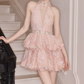 Sparkly Halter Neck A-Line Beaded Homecoming Dress Pink Sequins Tiered Party Dress C9120