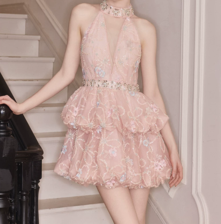Sparkly Halter Neck A-Line Beaded Homecoming Dress Pink Sequins Tiered Party Dress C9120