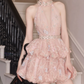 Sparkly Halter Neck A-Line Beaded Homecoming Dress Pink Sequins Tiered Party Dress C9120