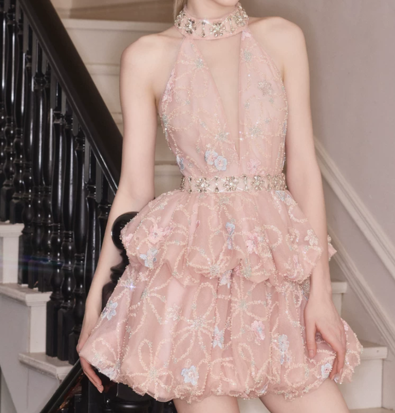 Sparkly Halter Neck A-Line Beaded Homecoming Dress Pink Sequins Tiered Party Dress C9120