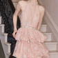 Sparkly Halter Neck A-Line Beaded Homecoming Dress Pink Sequins Tiered Party Dress C9120
