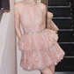 Sparkly Halter Neck A-Line Beaded Homecoming Dress Pink Sequins Tiered Party Dress C9120