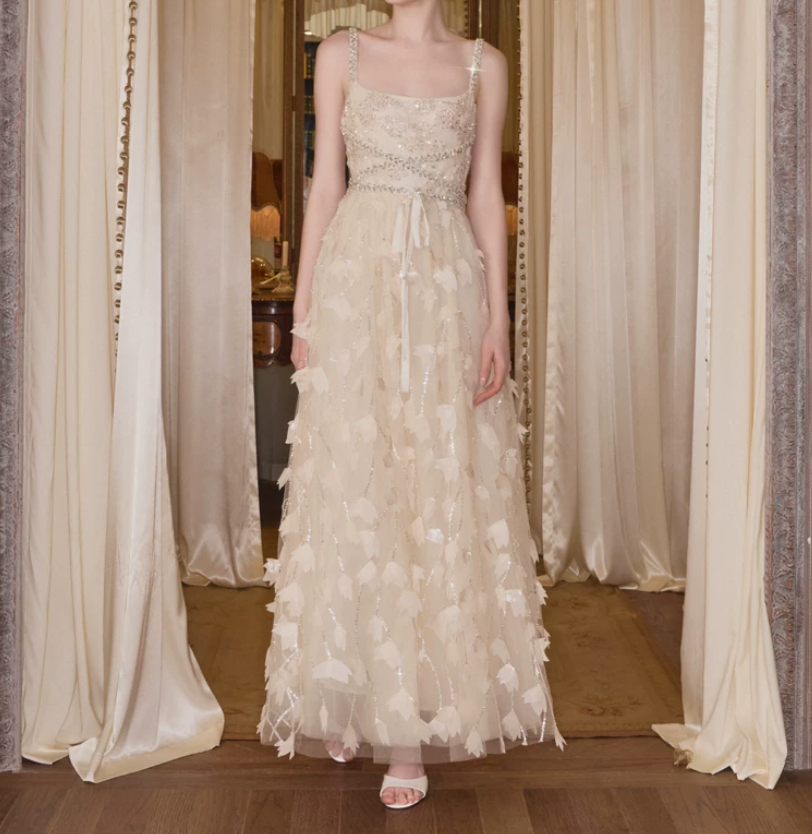 Elegant Spaghetti Straps Beige Prom Dress Beading Sequins A-Line Evening Dress C9122