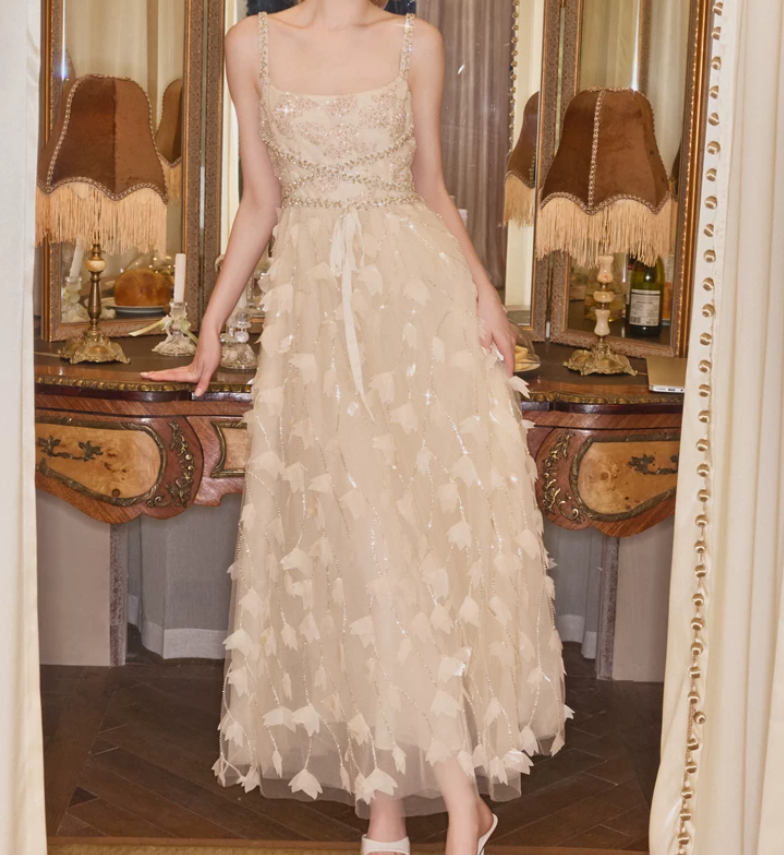 Elegant Spaghetti Straps Beige Prom Dress Beading Sequins A-Line Evening Dress C9122