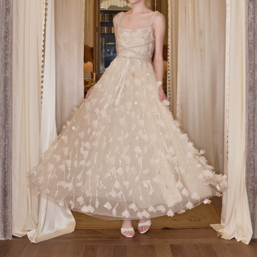 Elegant Spaghetti Straps Beige Prom Dress Beading Sequins A-Line Evening Dress C9122