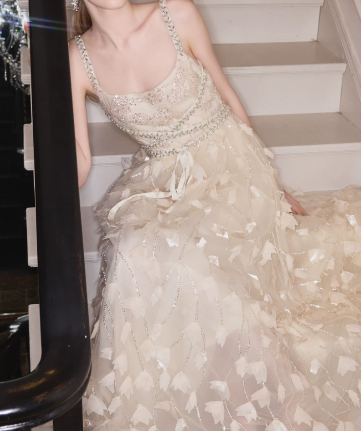Elegant Spaghetti Straps Beige Prom Dress Beading Sequins A-Line Evening Dress C9122