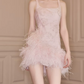 Sweet Spaghetti Straps Pink Homecoming Dress Sequins Feather Sheath Party Dress C9123