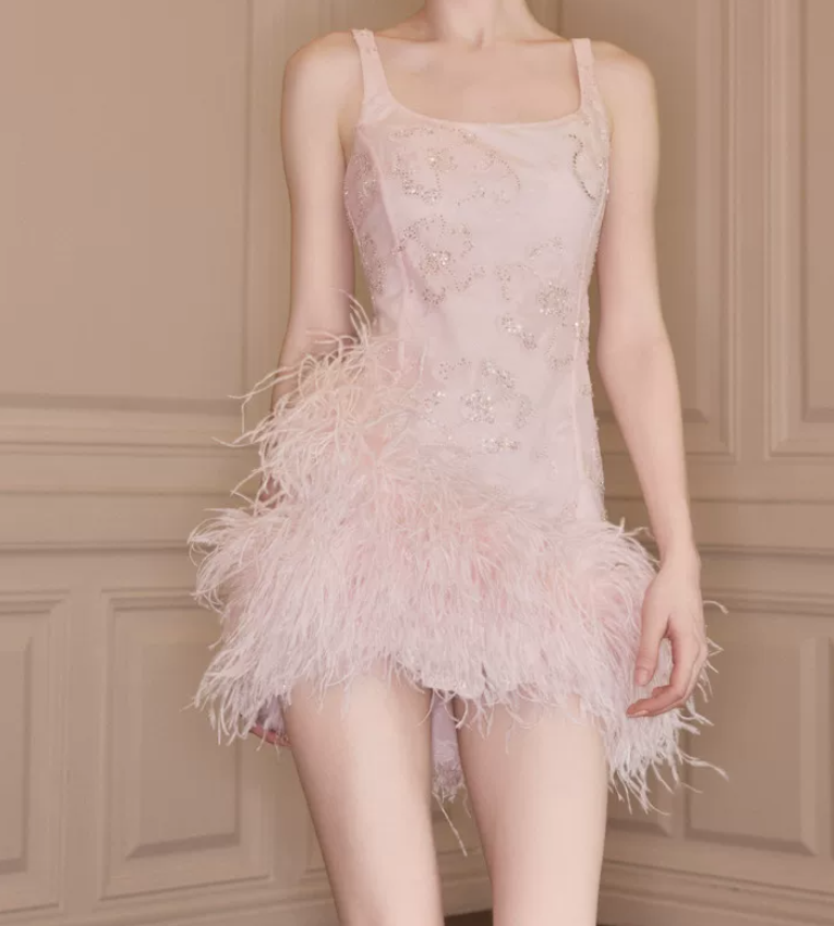 Sweet Spaghetti Straps Pink Homecoming Dress Sequins Feather Sheath Party Dress C9123