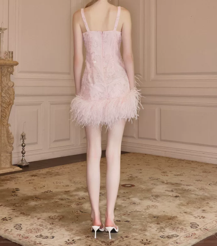 Sweet Spaghetti Straps Pink Homecoming Dress Sequins Feather Sheath Party Dress C9123