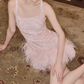 Sweet Spaghetti Straps Pink Homecoming Dress Sequins Feather Sheath Party Dress C9123