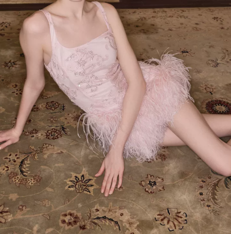 Sweet Spaghetti Straps Pink Homecoming Dress Sequins Feather Sheath Party Dress C9123