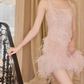 Sweet Spaghetti Straps Pink Homecoming Dress Sequins Feather Sheath Party Dress C9123