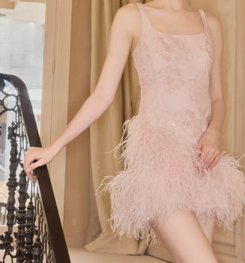 Sweet Spaghetti Straps Pink Homecoming Dress Sequins Feather Sheath Party Dress C9123