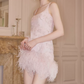 Sweet Spaghetti Straps Pink Homecoming Dress Sequins Feather Sheath Party Dress C9123
