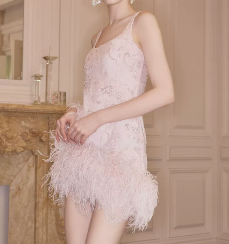 Sweet Spaghetti Straps Pink Homecoming Dress Sequins Feather Sheath Party Dress C9123