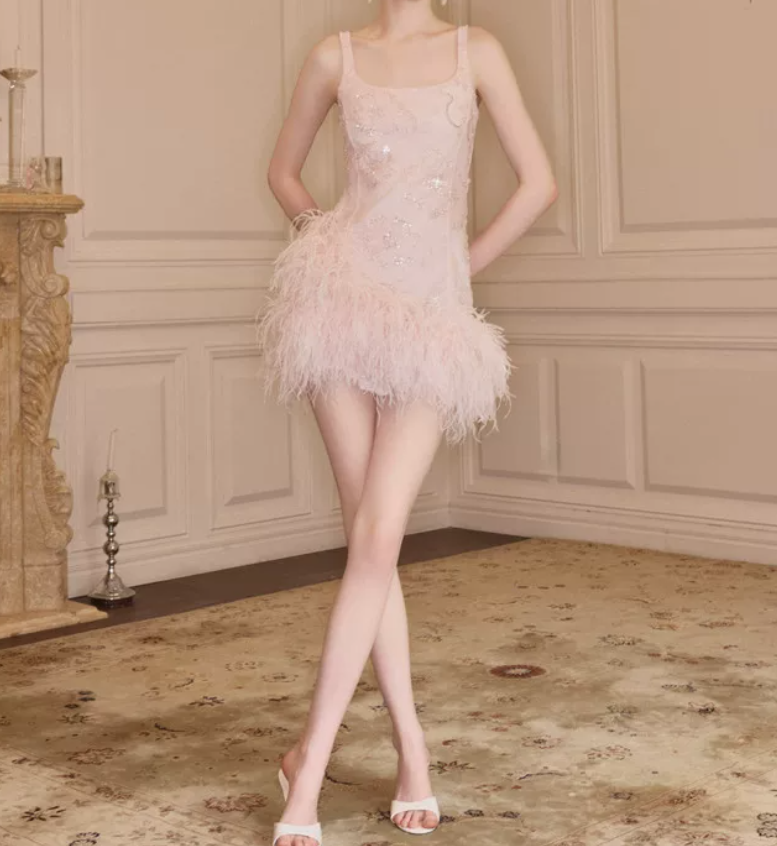 Sweet Spaghetti Straps Pink Homecoming Dress Sequins Feather Sheath Party Dress C9123