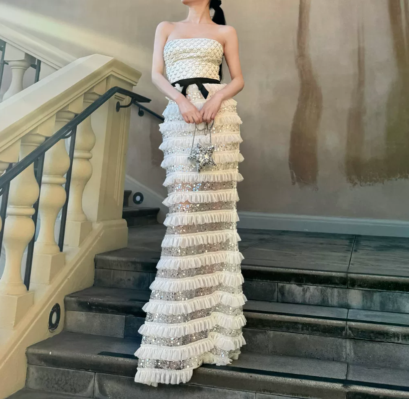Chic Strapless Ivory Prom Dress Sequins Tiered Mermaid Evening Dress C9124