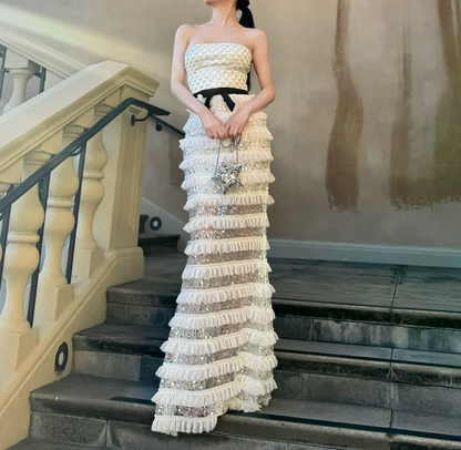 Chic Strapless Ivory Prom Dress Sequins Tiered Mermaid Evening Dress C9124