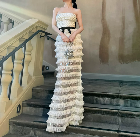 Chic Strapless Ivory Prom Dress Sequins Tiered Mermaid Evening Dress C9124