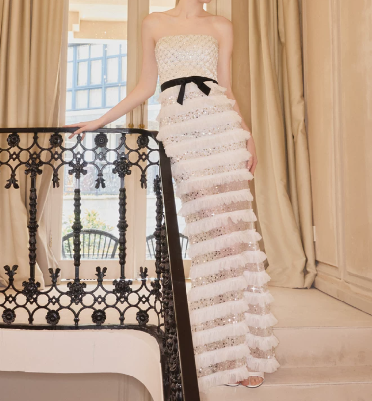 Chic Strapless Ivory Prom Dress Sequins Tiered Mermaid Evening Dress C9124