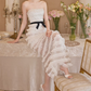 Chic Strapless Ivory Prom Dress Sequins Tiered Mermaid Evening Dress C9124