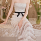Chic Strapless Ivory Prom Dress Sequins Tiered Mermaid Evening Dress C9124