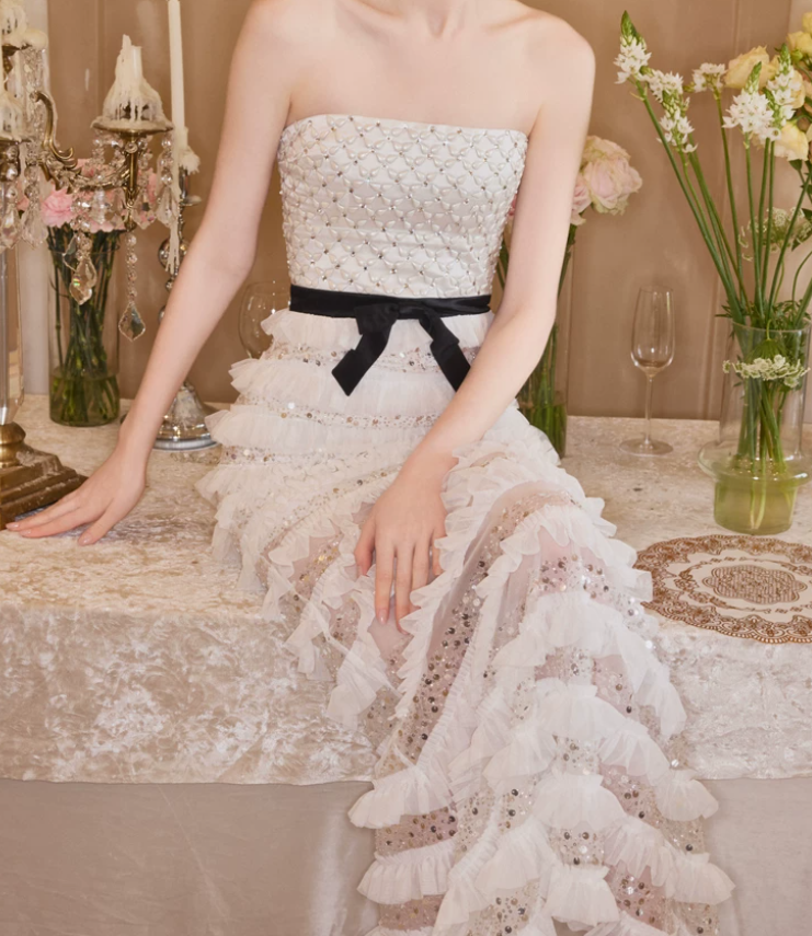 Chic Strapless Ivory Prom Dress Sequins Tiered Mermaid Evening Dress C9124