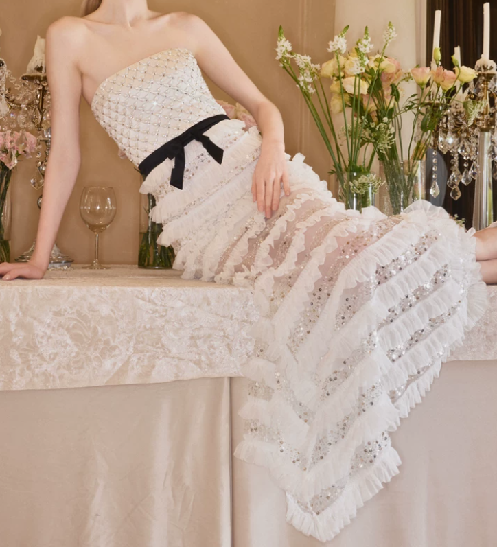 Chic Strapless Ivory Prom Dress Sequins Tiered Mermaid Evening Dress C9124