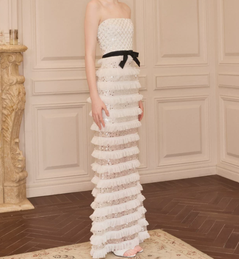 Chic Strapless Ivory Prom Dress Sequins Tiered Mermaid Evening Dress C9124