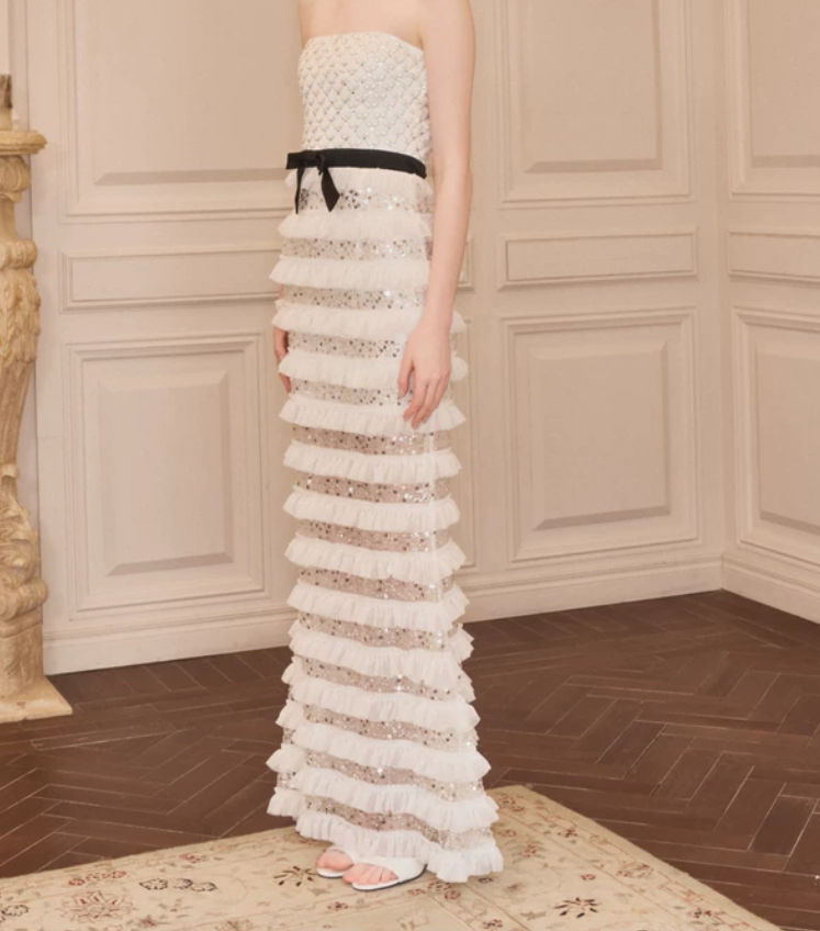 Chic Strapless Ivory Prom Dress Sequins Tiered Mermaid Evening Dress C9124
