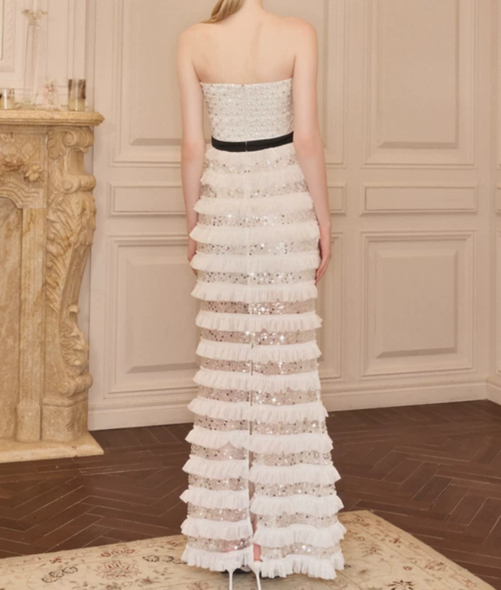 Chic Strapless Ivory Prom Dress Sequins Tiered Mermaid Evening Dress C9124