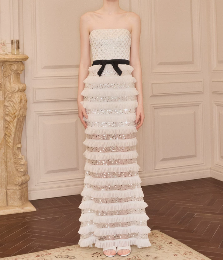 Chic Strapless Ivory Prom Dress Sequins Tiered Mermaid Evening Dress C9124