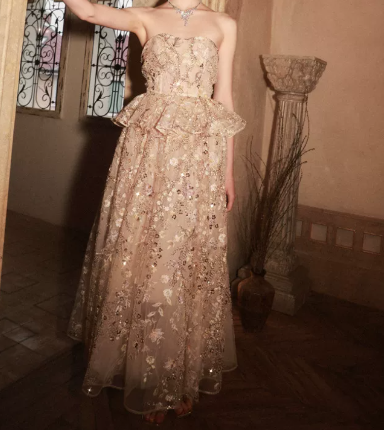 Sleek Strapless Beige Prom Dress Ruffles Sequins A-Line Evening Dress C9125
