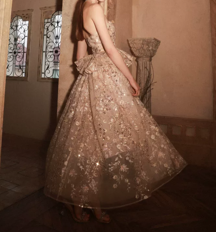 Sleek Strapless Beige Prom Dress Ruffles Sequins A-Line Evening Dress C9125