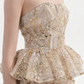 Sleek Strapless Beige Prom Dress Ruffles Sequins A-Line Evening Dress C9125