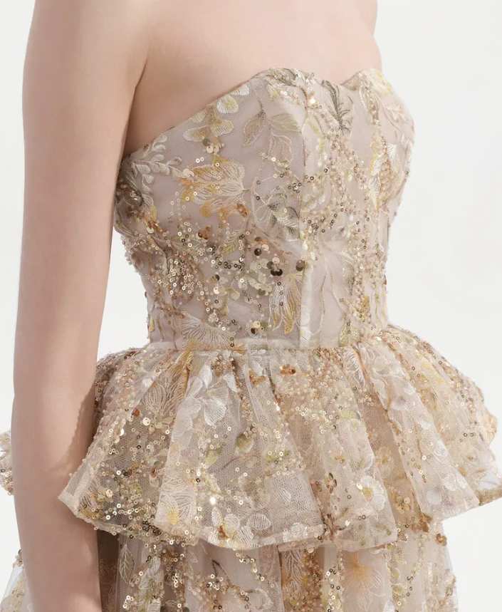 Sleek Strapless Beige Prom Dress Ruffles Sequins A-Line Evening Dress C9125