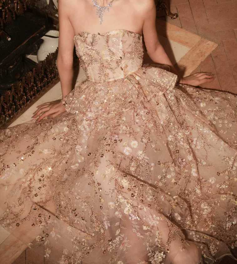 Sleek Strapless Beige Prom Dress Ruffles Sequins A-Line Evening Dress C9125