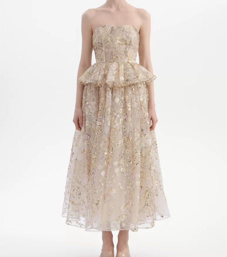Sleek Strapless Beige Prom Dress Ruffles Sequins A-Line Evening Dress C9125