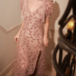 Chic V Neck Pink Floral Prom Dress Short Sleeve Slit A-Line Evening Dress C9128
