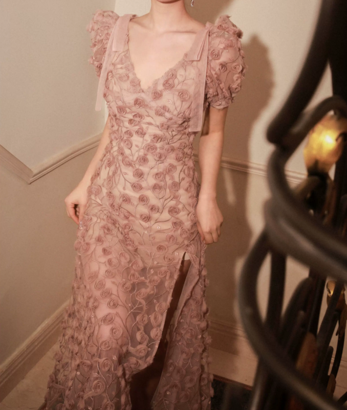 Chic V Neck Pink Floral Prom Dress Short Sleeve Slit A-Line Evening Dress C9128