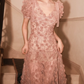 Chic V Neck Pink Floral Prom Dress Short Sleeve Slit A-Line Evening Dress C9128