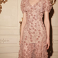 Chic V Neck Pink Floral Prom Dress Short Sleeve Slit A-Line Evening Dress C9128