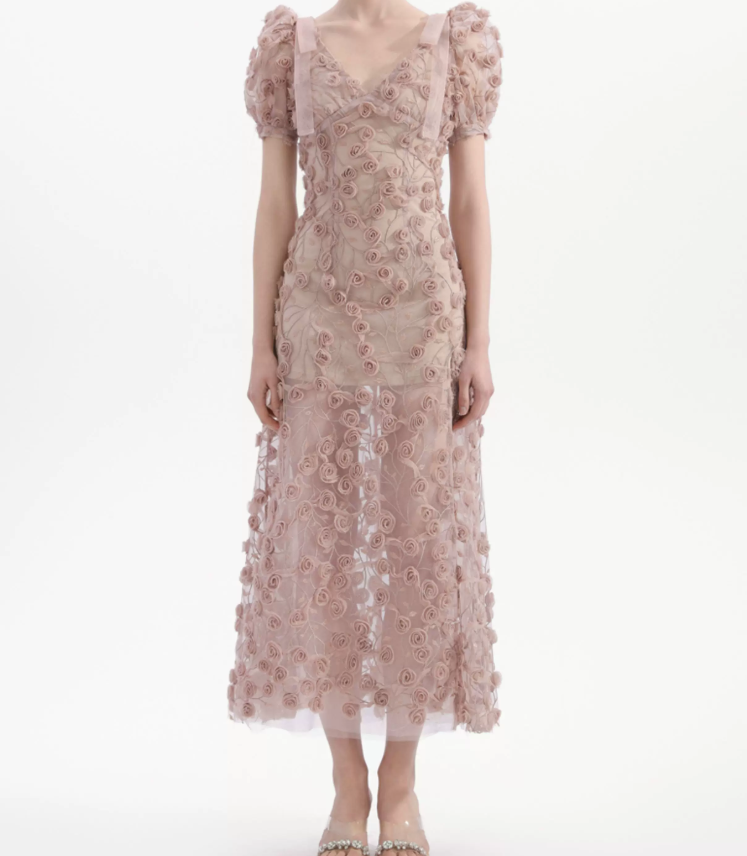 Chic V Neck Pink Floral Prom Dress Short Sleeve Slit A-Line Evening Dress C9128