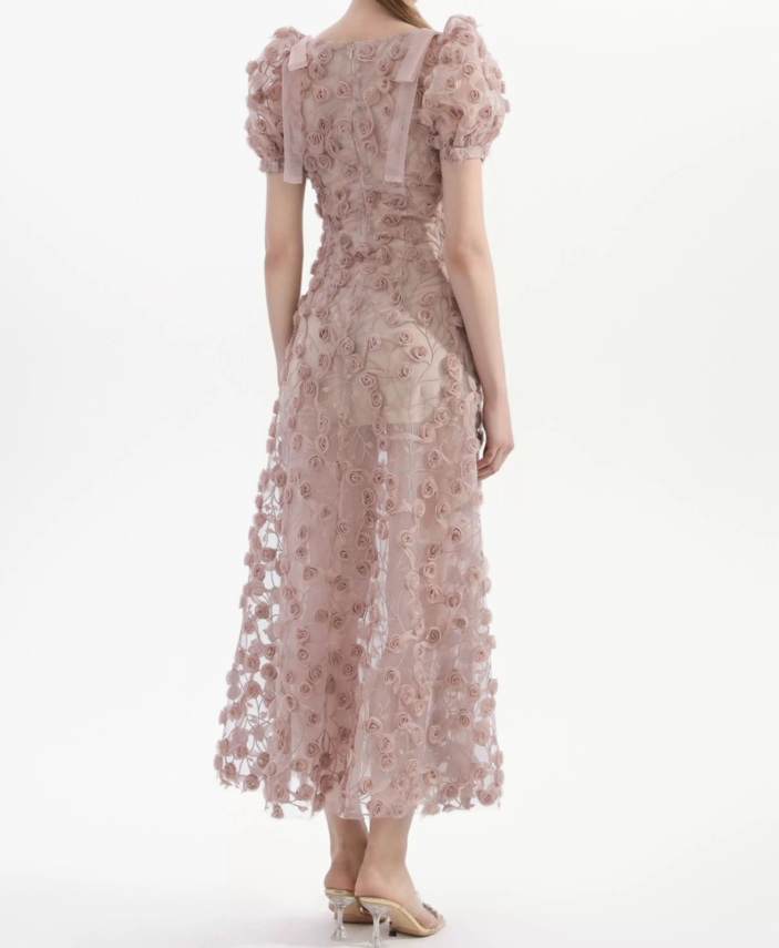 Chic V Neck Pink Floral Prom Dress Short Sleeve Slit A-Line Evening Dress C9128