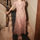 Chic V Neck Pink Floral Prom Dress Short Sleeve Slit A-Line Evening Dress C9128